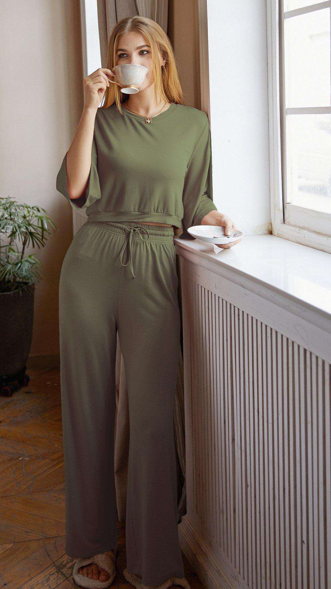 Women s loungewear set Crop Top Wide Leg Pants Green ELLY E